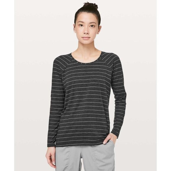 Lululemon Emerald Long Sleeve Short Serve Stripe Heathered Black White - Picture 1 of 5